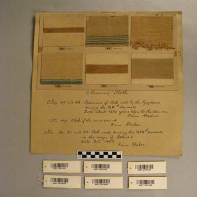 <bdi class="metadata-value">(51 Pl.9) Narrow linen strip on card that reads 'cloth used during the reign of Sethos I. Date BC 1400. From Thebes.' Thebes, Egypt.; YPM ANT 261405</bdi>
