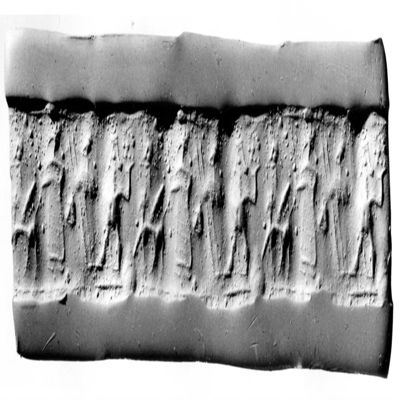 Cylinder seal. Linear Assyrian style(?), human-headed pegasus (?) kilted figure, figure in long dress, drill-hole rosette. 2nd half of 2nd mil.(?). Unclear.; YPM BC 029867
