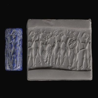 Cylinder seal. Contest scene; bull-man, scorpion-man with horned crown, hero holding gazelle at left and stag at right, latter attacked by lion attacked by nude male. Early Dynastic III. Lapis lazuli.; YPM BC 006264