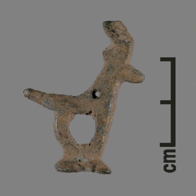 Figurine. Stag on base, neck and base pierced with hole. Bronze.; YPM BC 031105