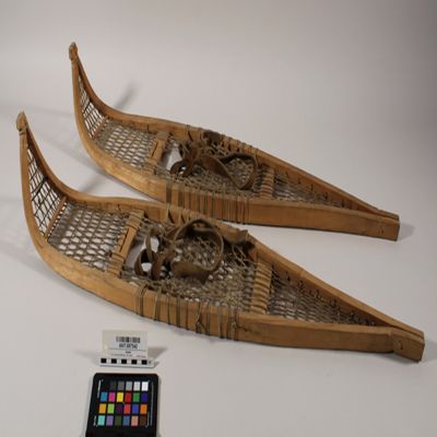 <bdi class="metadata-value">1 Pair snowshoes (57342A, B); L. 36', white birch frame laced with babiche; foot lacing, tied on one [??], open on other, of moose hide; frames manufactured by Narcisse Copotblanc (Cree), lacing by Mary Ann Deer River, foot lacing tied by Lady Messon, total cost 12, Fort Nelson, BC, Slave, N Athapaskan; YPM ANT 057342</bdi>