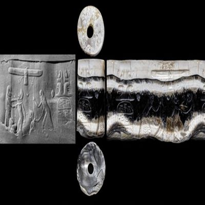 Cylinder seal. Two Persian warriors combat Scythian victims below winged disk, two falcon heads with double crown of Egypt; cuneiform inscription in cartouche. Achaemenid. Banded agate.; YPM BC 037350