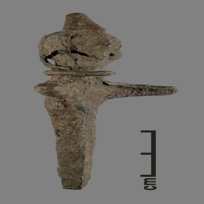 Figurine. Anthropomorphic figure with conical hat, neck torque, arms spread, lower body ending like a peg. Bronze.; YPM BC 031117