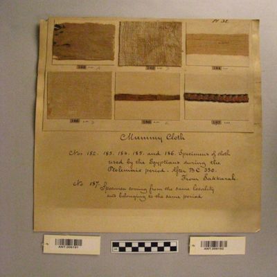 <bdi class="metadata-value">5 (182-186 Pl.32) Mummy cloth Ptolemaic period. After B.C. 330. Sakkarah. Egypt.; YPM ANT 006191</bdi>