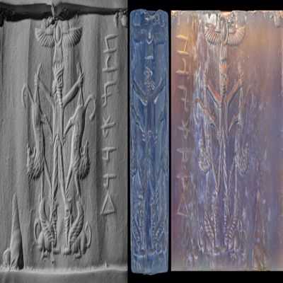 Cylinder seal. Crowned ruler holding two lions by their hindleg, standing on the heads of two sphinxes; winged sundisc in the space above; inscription. Achaemenid. Blue chalcedony.; YPM BC 038107