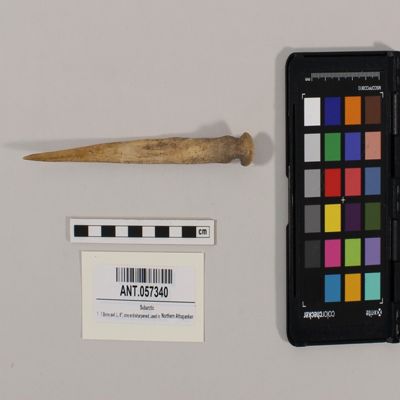 <bdi class="metadata-value">1 Bone awl, L. 6', one end sharpened, used in sewing with sinew, hole being made with awl, dug up by A. Hodsom, Fort Nelson, BC, Slave or Kaska, N Athapaskan; YPM ANT 057340</bdi>