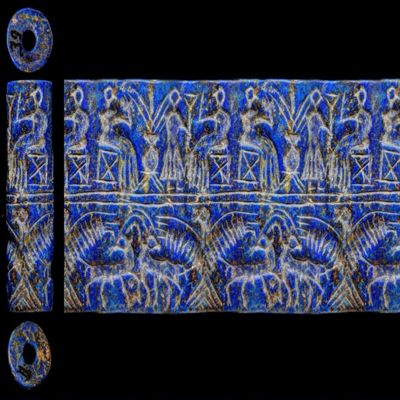 Cylinder seal. Two registers separated by parallel lines: two seated figures flank vessel with tubes, attendant; eagle with wings spread grasping goat, antelope. Early Dynastic III. Lapis lazuli.; YPM BC 036936