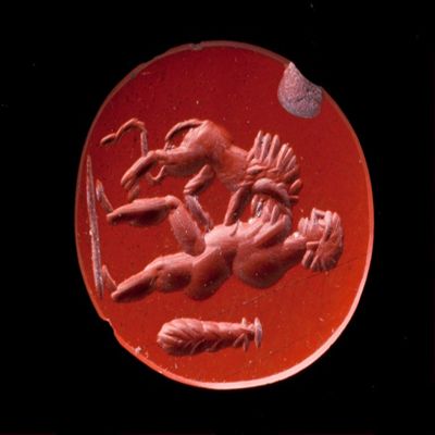 Amulet. Ob: Heracles and lion. Red jasper.; YPM BC 038607