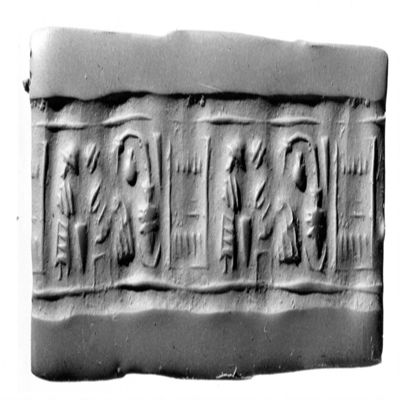 Cylinder seal. Seated figure wearing rounded cap and flounced dress, drinking from vessel in stand through bent straw, standing figure in rounded cap and long dress faces rectangular element with horizontal hatching. Early Syrian. Serpentine.; YPM BC 029866