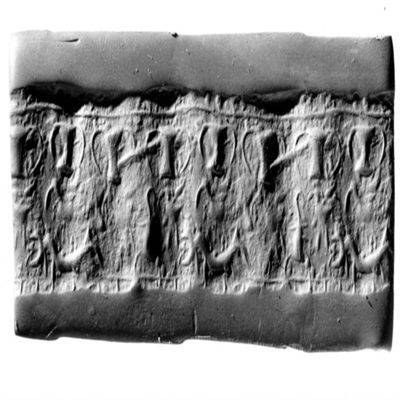 Cylinder seal. Scorpion, four-legged animal, bird, three vessels?, one line border below and above. 2nd mill, Syrian?. Limestone?.; YPM BC 029864