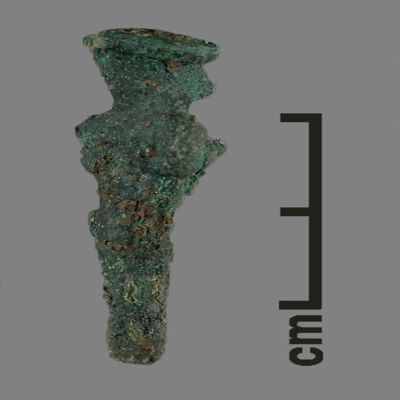 Figurine. Small peg-like anthropomorphic figure with circular hat. Bronze.; YPM BC 031132