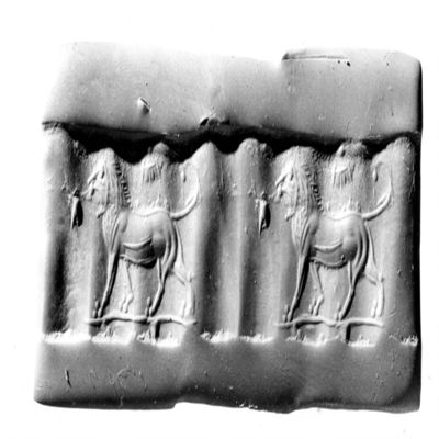 Cylinder seal. Striding lion on ground line, above: winged disc. Achaemenid. White and gray banded stone.; YPM BC 029878