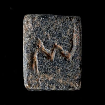 Amulet. Four sided cylinder (nearly a cube) with image like Scwartz #76, and a transverse hole. Steatite.; YPM BC 038627