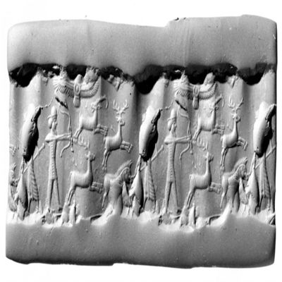 Cylinder seal. Hunt scene; archer in kilt, pants and round hat with raised bow facing three running animals, an ibex, an antelope and a deer, a figure in long parted dress and plumed headdress or crown spears a boar; above: a winged disc. Achaemenid. Gray chalcedony.; YPM BC 029877