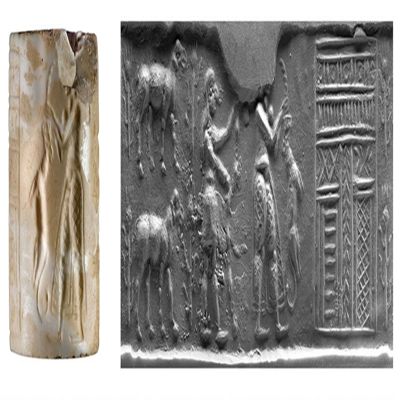 Cylinder seal. Two sheep with barley, attendant with strand, bearded figure with dead lion before structure. Uruk IV. Marble.; YPM BC 037566