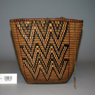 Coiled burden basket with imbricated ornamentation. Bought at reservation near Vancouver, B.C.-Fraser River Salish.; YPM ANT 017104