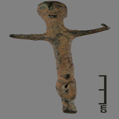 Figurine. Ithyphallic figure with arms spread, peg like base. Bronze.; YPM BC 031131