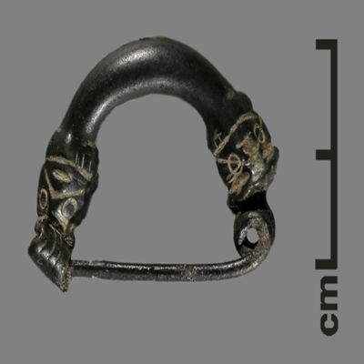 Fibula. Triangular fibula with bird motif. Bronze.; YPM BC 031089