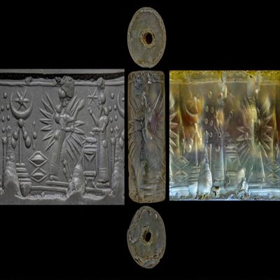 Cylinder seal. Depiction of the goddess Ishtar. Neo-Assyrian. Chalcedony.; YPM BC 038108