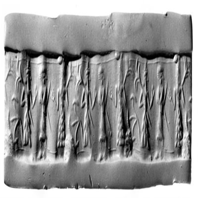 Cylinder seal. Classic Syrian style, deity with multi horned headdress wearing plumed skirt and holding flower or branch over shoulder and two items in raised hand, facing human worshipper with mantel with thick rounded hems raising two hands toward deity with long skirt with bulges, holding flower or branch over shoulder and several small items in raised hand; three-headed flower; single line border above and below. 2nd mil. Syrian. Hematite.; YPM BC 029871
