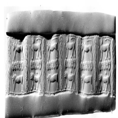 Cylinder seal. Mature Syrian style, two scenes encased in chevron borders, striding bull over chevron over striding bull, striding lion with one raised paw over chevron over striding lion, single line border above and below. 2nd mill. Stone.; YPM BC 029868
