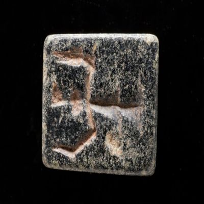 Amulet. Four sided cylinder with images like Schwartz #76, and a transverse hole. Steatite.; YPM BC 038628