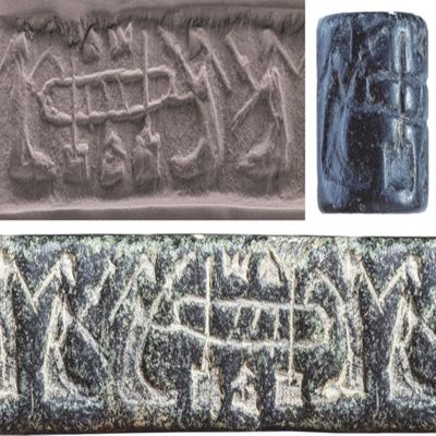 Cylinder seal. Two women operating loom, third woman holding skein. Uruk IV/Jemdet-Nasr. Serpentine.; YPM BC 036928