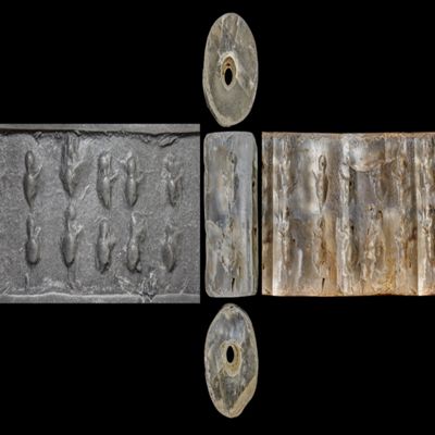 Cylinder seal. Vessels repeated in a schematic pattern. Jemdet-Nasr. Rock crystal.; YPM BC 038016