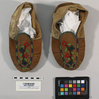 Moccasins, moose hide trimmed with caribou hide, front is decorated with red, green and blue beadwork, made by Annie, Metis girl who came to Lower Post, BC, from Fort Ware, Lower Post, Bear Lake, N Athapaskan; YPM ANT 058349