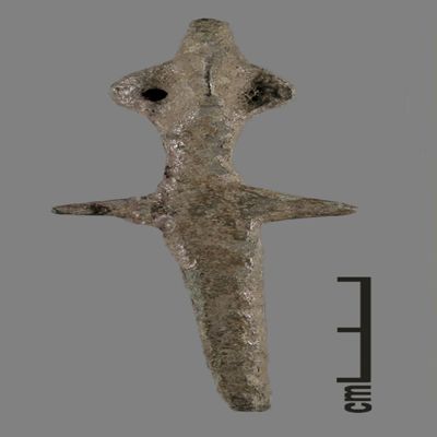 Figurine. Anthropomorphic figure with conical hat, one hole for earring, arms spread, lower body ending like a peg. Copper.; YPM BC 031121