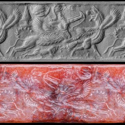 Cylinder seal. A mixed creature with human torso and pegasus body and scorpion tail points his bow and arrow at a creature with lion head and pegasus body. Below is a lion. Filling motifs include spade on a stand and disc in crescent. Neo-Assyrian. Brown chalcedony?.; YPM BC 023720