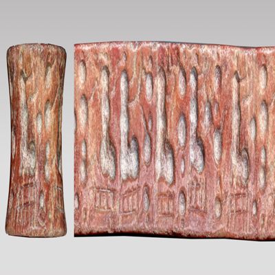 Cylinder seal. Five women seated on platforms facing pots, one rayed globe. Uruk IV. Red marble.; YPM BC 036926