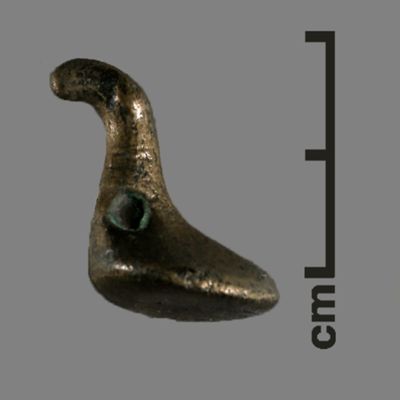 Figurine. Bust of animal, neck pierced with hole. Bronze.; YPM BC 031103