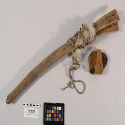 <bdi class="metadata-value">1 Tanning tool, to soften hide, unfinished wooden handle, L. 26', one end bound with canvas and moose hide containing flaked red stone, Fort Nelson, BC, Slave, N Athapaskan; YPM ANT 057338</bdi>
