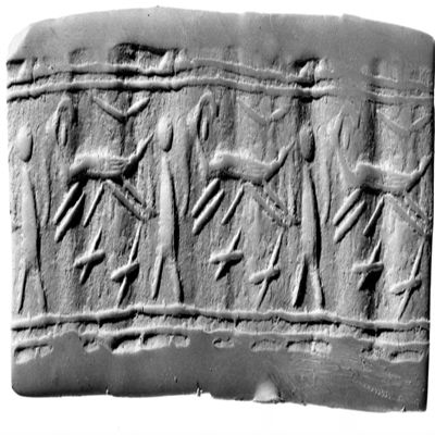 Cylinder seal. Human figure, striding four-legged animal, two crossed lines, crescent, double line border above and below. 2nd half 2nd mill/Mitanni. Frit, composite paste.; YPM BC 029874
