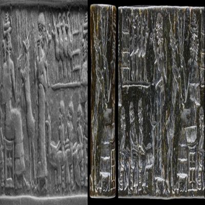 Cylinder seal. Presentation scene; seated god holding three stalks of grain, rearing goat, man with kid, four goats emerging from pen above three seated men with goat. Akkadian. Black serpentine with light brown mottle.; YPM BC 006143